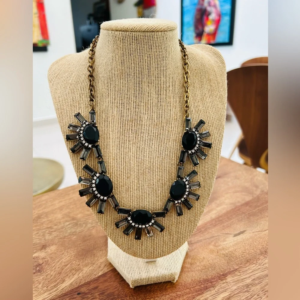 JCrew Statement Necklace Black & Bronzed Gold with Rhinestones
